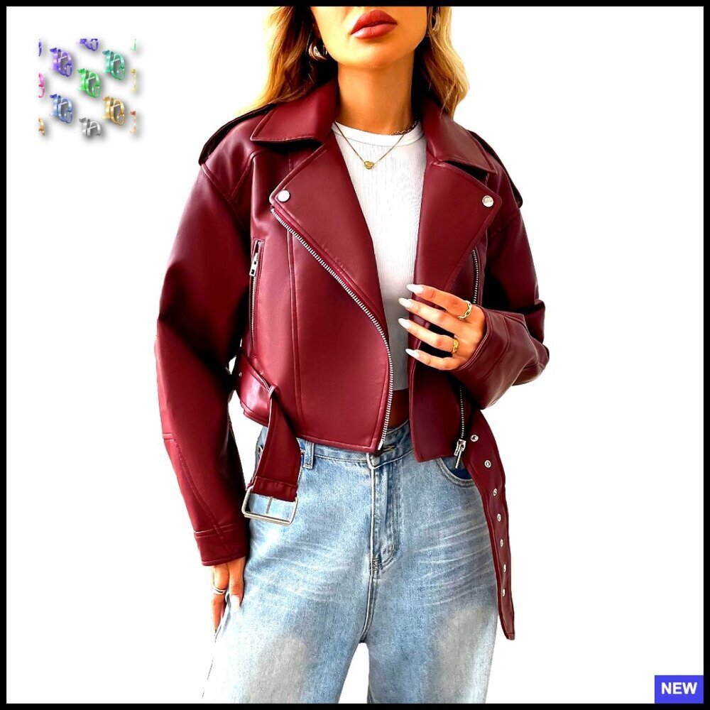 Faux Leather Cropped Jacket Vegan Motor Biker Coat with Belt Chic Vintage